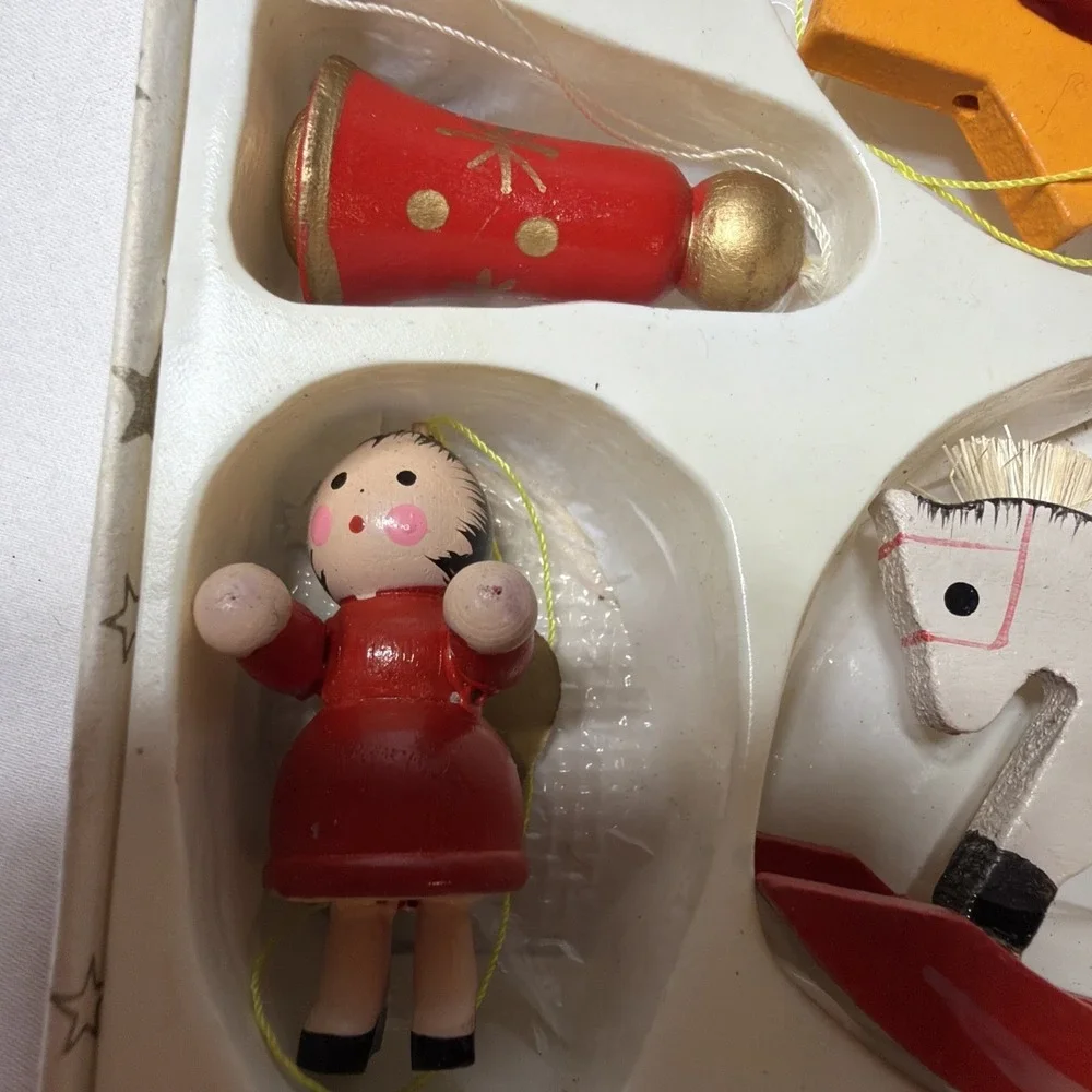 VINTAGE Lot of 7 Mini Painted Wooden Christmas Tree Ornaments SNOWMAN ANGEL